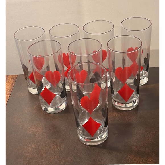Vintage Playing Card Suit Highball Glasses Set of 8 Hearts Diamonds Clubs Spades